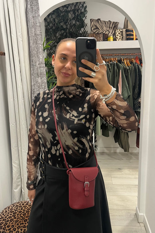 Black Lined Spotty Printed Mesh Top