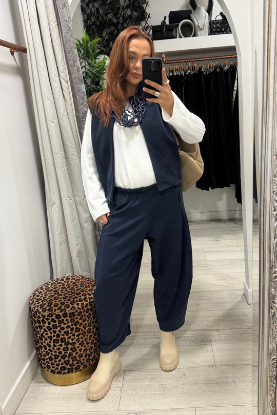 Navy Barrel Leg Trousers