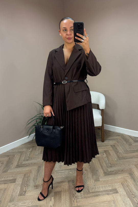 Chocolate Brown Pleated Blazer Dress