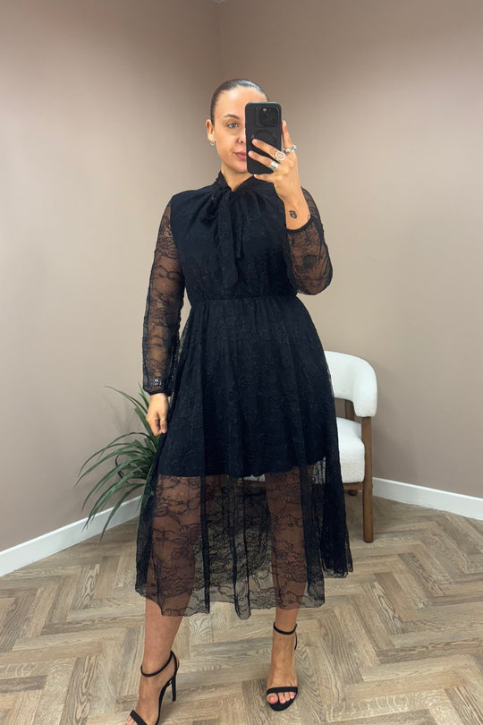 Black Lace Pussy Bow Dress