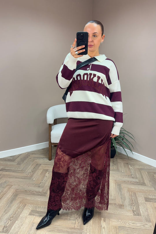 Burgundy Lace Trim Satin Skirt