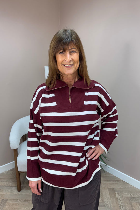 Burgundy Striped Quarter Zip Sweater