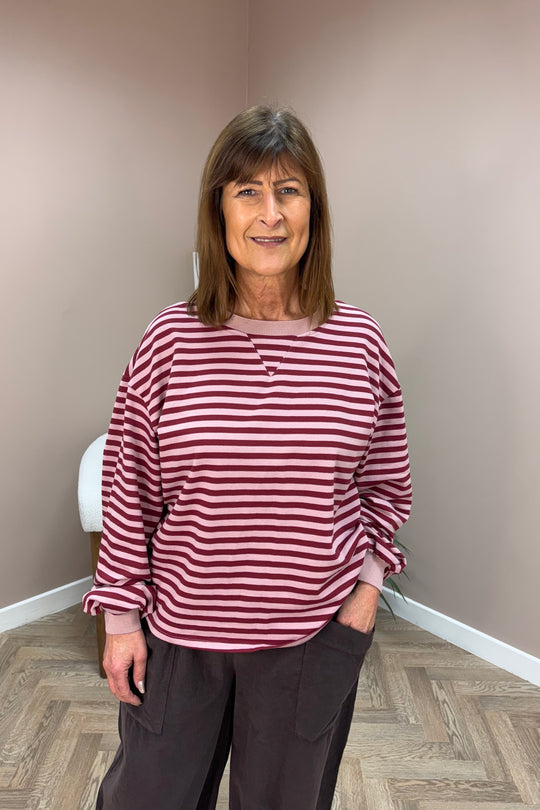 Pink and Burgundy Striped Long Sleeve Sweatshirt