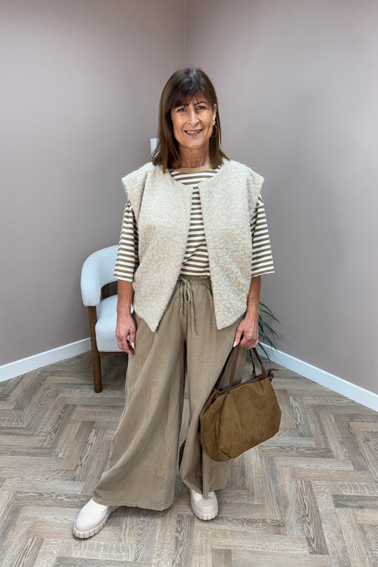 Beige Wide Leg Needle Cord Trousers