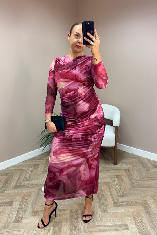 Burgundy And Pink Smudge Ruched Mesh Dress
