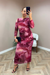 Burgundy And Pink Smudge Ruched Mesh Dress