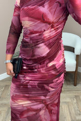 Burgundy And Pink Smudge Ruched Mesh Dress
