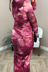 Burgundy And Pink Smudge Ruched Mesh Dress