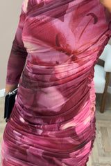 Burgundy And Pink Smudge Ruched Mesh Dress