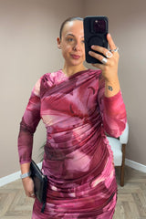 Burgundy And Pink Smudge Ruched Mesh Dress