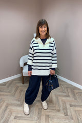Navy and Cream Striped Quarter Zip Sweater