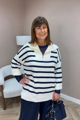 Navy and Cream Striped Quarter Zip Sweater