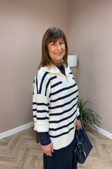 Navy and Cream Striped Quarter Zip Sweater