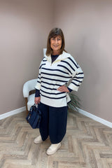 Navy and Cream Striped Quarter Zip Sweater
