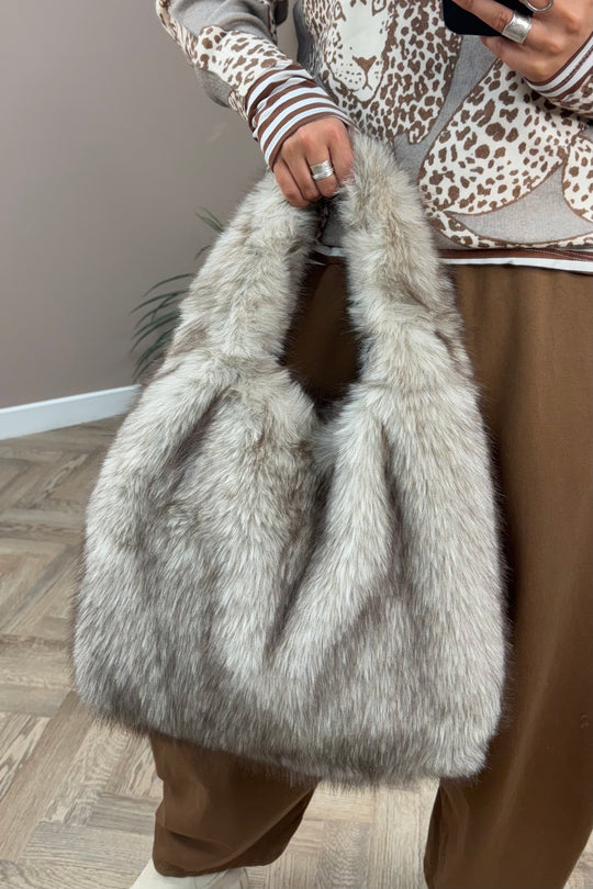 Beige Luxe Faux Fur Shoulder Bag