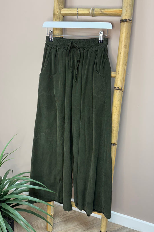 Khaki Wide Leg Needle Cord Trousers