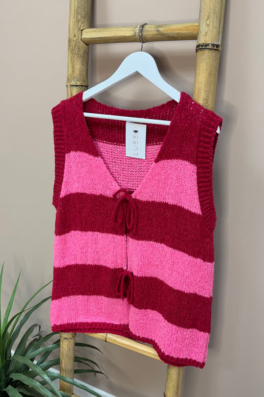 Pink And Red Striped Tie Front Gilet