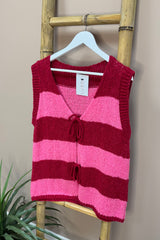 Pink And Red Striped Tie Front Gilet