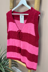 Pink And Red Striped Tie Front Gilet