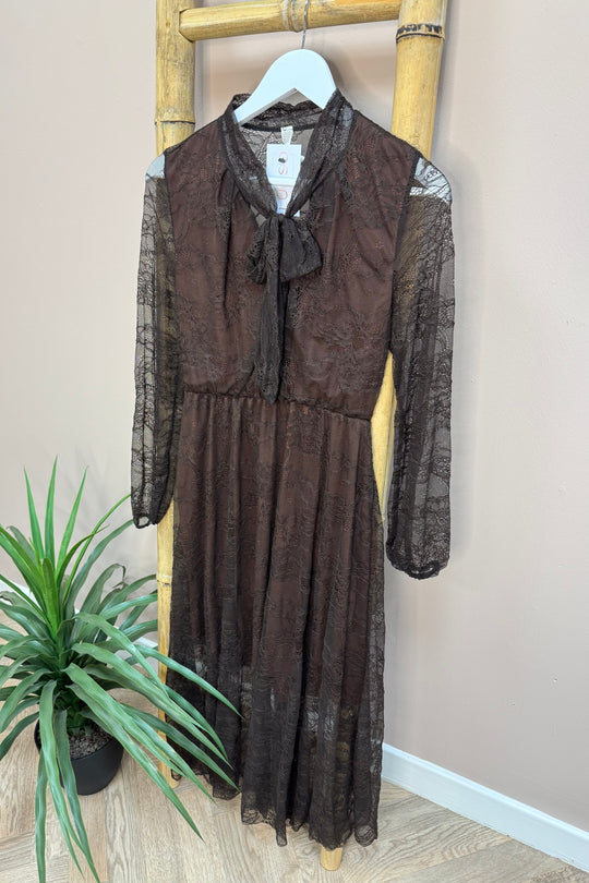 Brown Lace Pussy Bow Dress