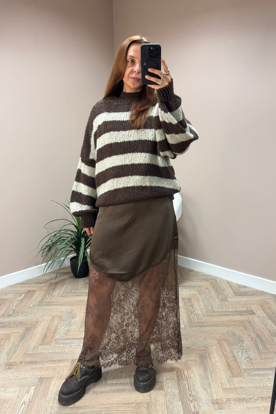 Brown Lace Trim Satin Skirt
