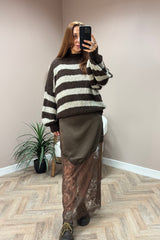 Brown Lace Trim Satin Skirt