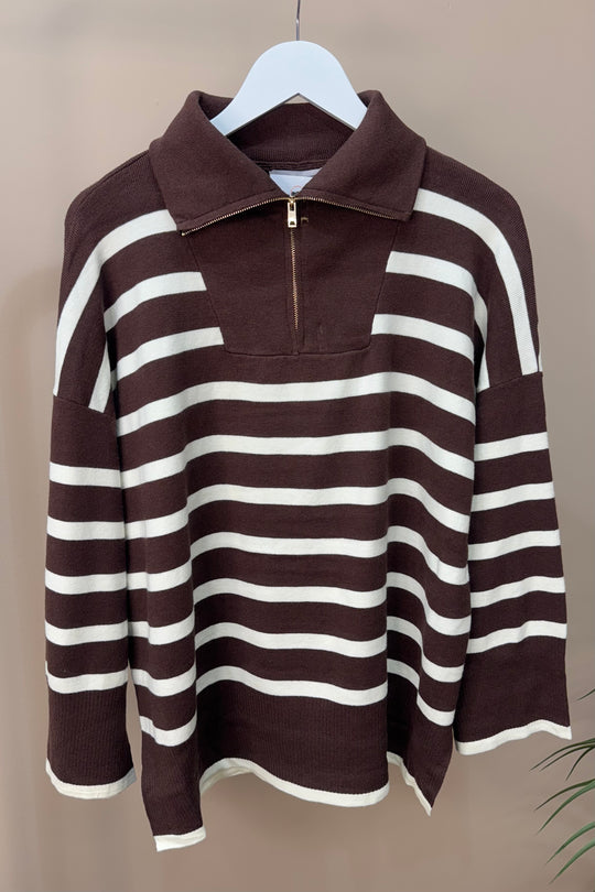 Chocolate Brown Striped Quarter Zip Sweater