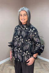 Black Printed Statement Sleeve Blouse