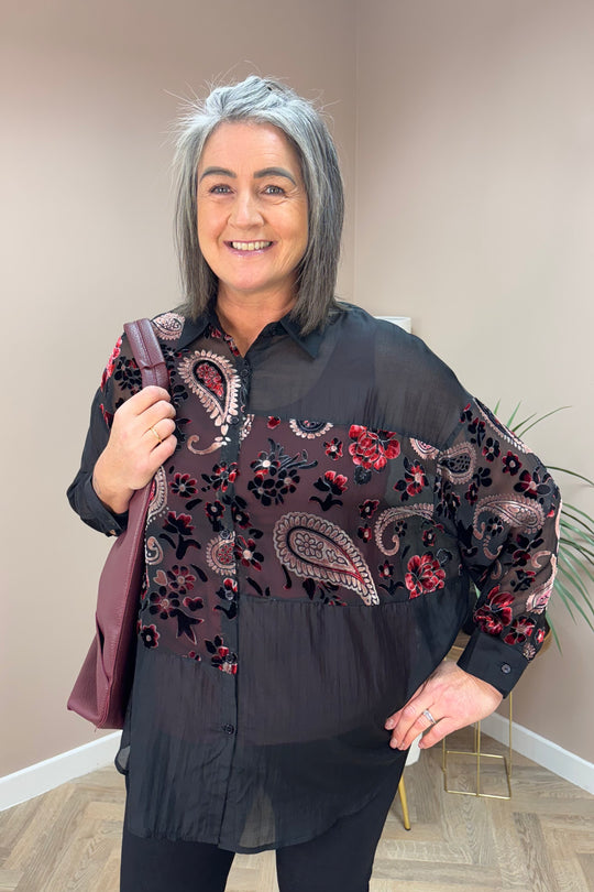 Black And Red Paisley Velour Shirt