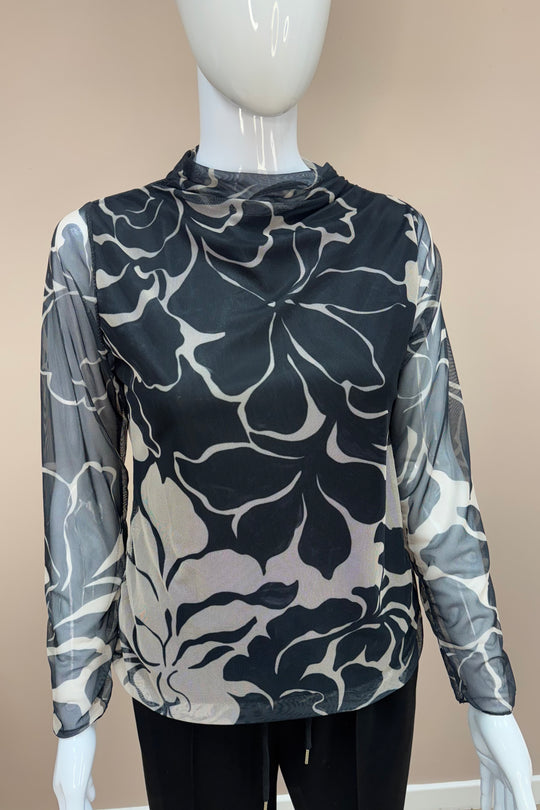 Black Lined Flower Printed Mesh Top