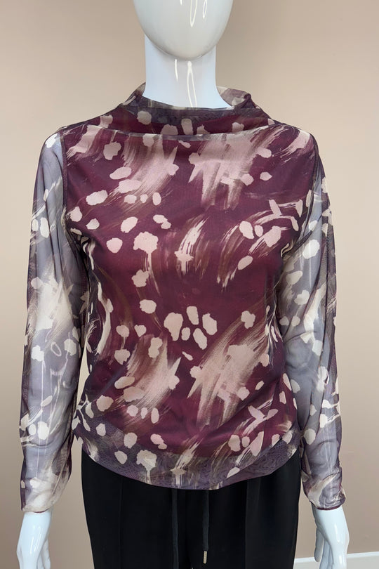 Burgundy Lined Spotty Printed Mesh Top