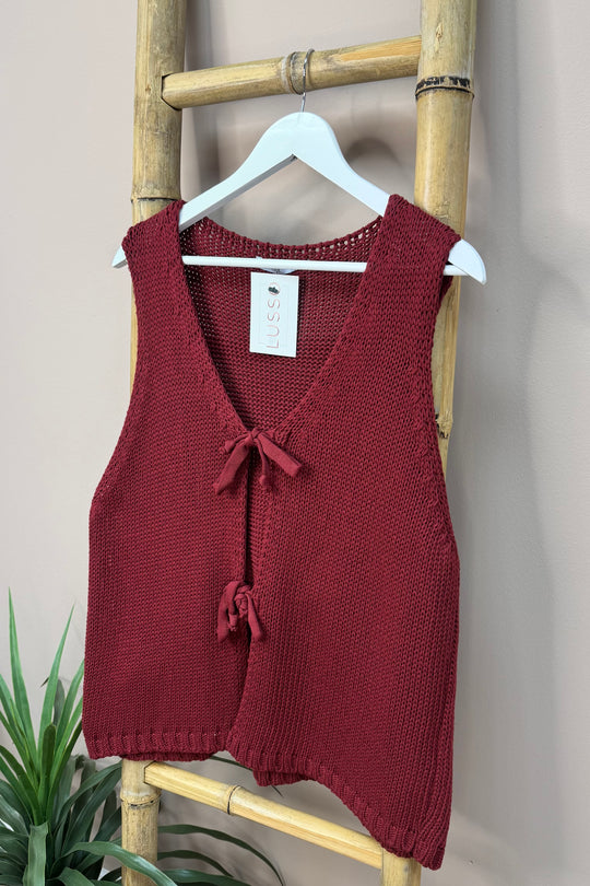 Burgundy Knitted Tie Front Gilet