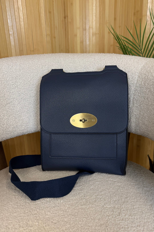 Navy Blue Faux Leather Satchel Bag