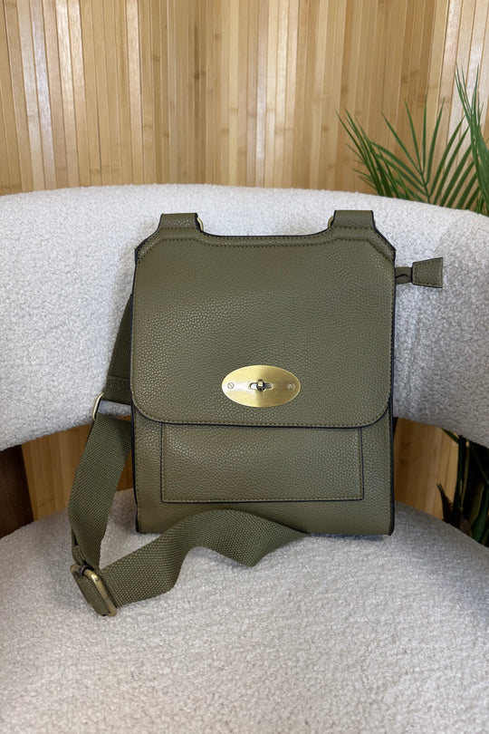 Khaki Faux Leather Satchel Bag