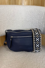 Navy Crossbody Sling Bag with Patterned Strap