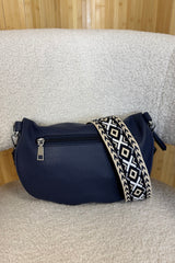 Navy Crossbody Sling Bag with Patterned Strap