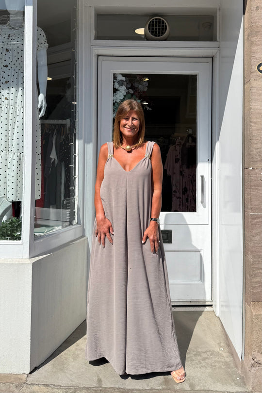 Taupe Wide Leg Jumpsuit With Gold Detail